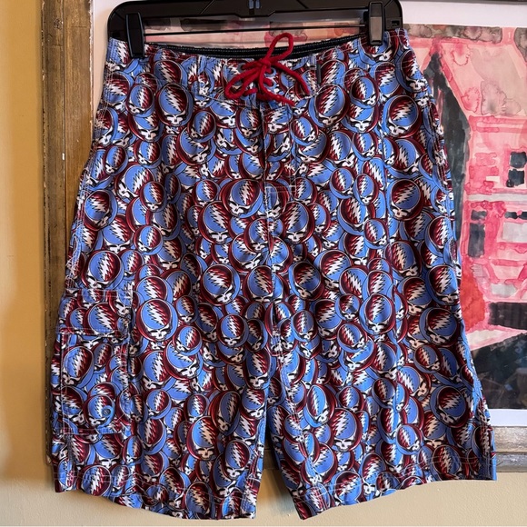 Grateful Dead Steal Your Face Board Shorts Size 31 Red White Blue Lace Up - Picture 1 of 8